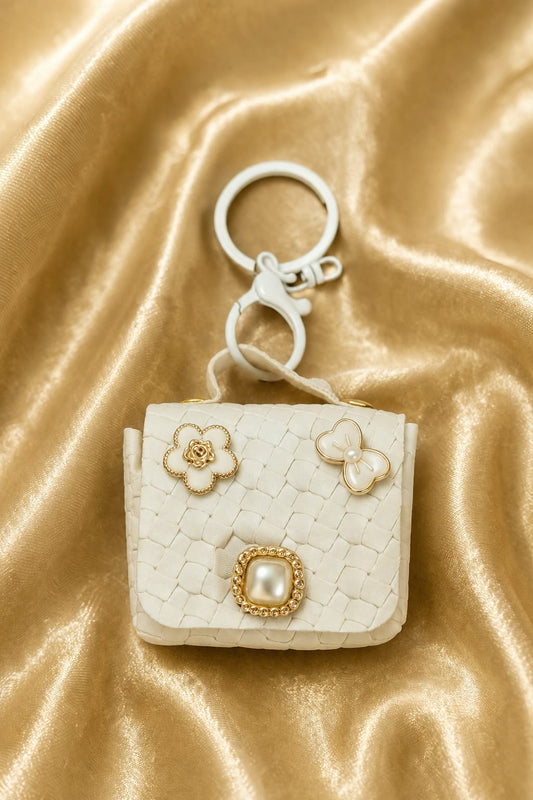 Elegant White Mini Handbag Keychain for Women & Girls | Luxury Purse Bag Charm | Floral Pearl Key Ring | Car & Handbag Accessory