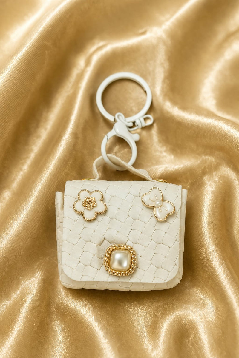 Elegant White Mini Handbag Keychain for Women & Girls | Luxury Purse Bag Charm | Floral Pearl Key Ring | Car & Handbag Accessory