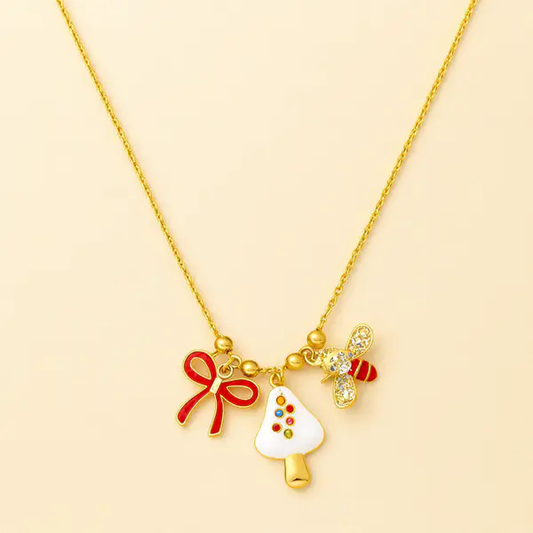 stria Jewellery Gold-Plated Multi Charm Necklace with Bow, Mushroom & Bee – Enamel & Crystal Cute Pendant Necklace