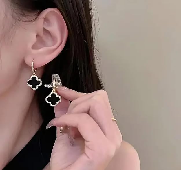Astria Jewellery Black Clover Drop Hoop Earrings with Crystal Border for Women