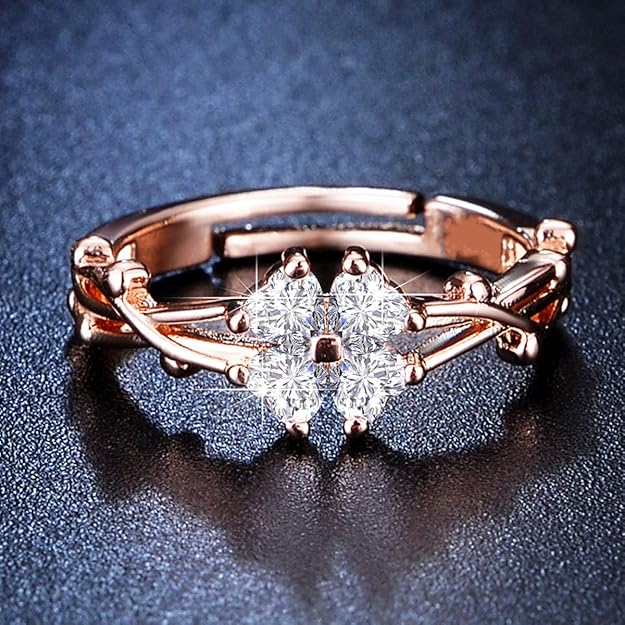 Rose Gold-Plated Floral CZ Ring – Adjustable Sparkling Ring for Women