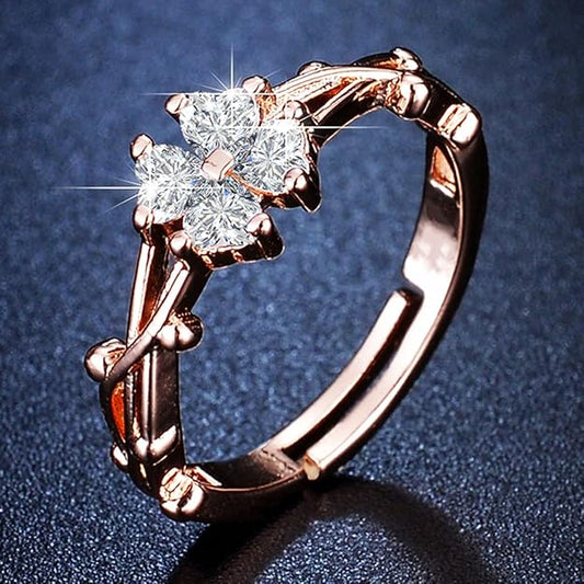 Rose Gold-Plated Floral CZ Ring – Adjustable Sparkling Ring for Women