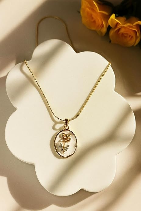 Gold Plated Oval Floral Pendant Necklace for Women – Elegant Pearl Finish Medallion Necklace
