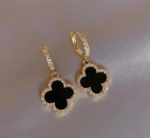 Astria Jewellery Black Clover Drop Hoop Earrings with Crystal Border for Women