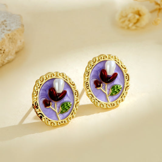 Vintage Floral Enamel Stud Earrings