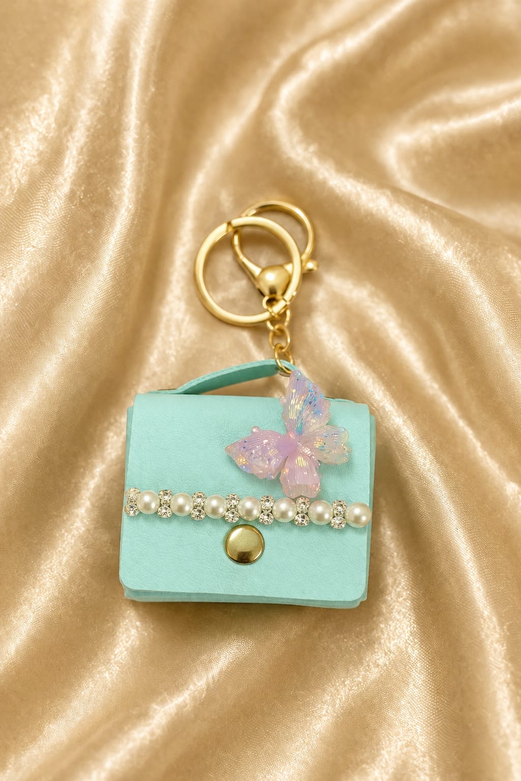 Luxury Blue Mini Handbag Keychain for Women & Girls | Butterfly Pearl Bag Charm | Cute Purse Key Ring | Handbag & Car Key Accessory