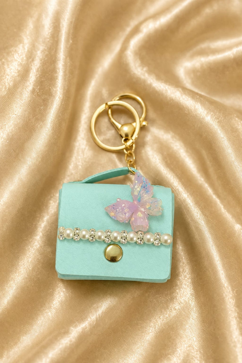 Luxury Blue Mini Handbag Keychain for Women & Girls | Butterfly Pearl Bag Charm | Cute Purse Key Ring | Handbag & Car Key Accessory