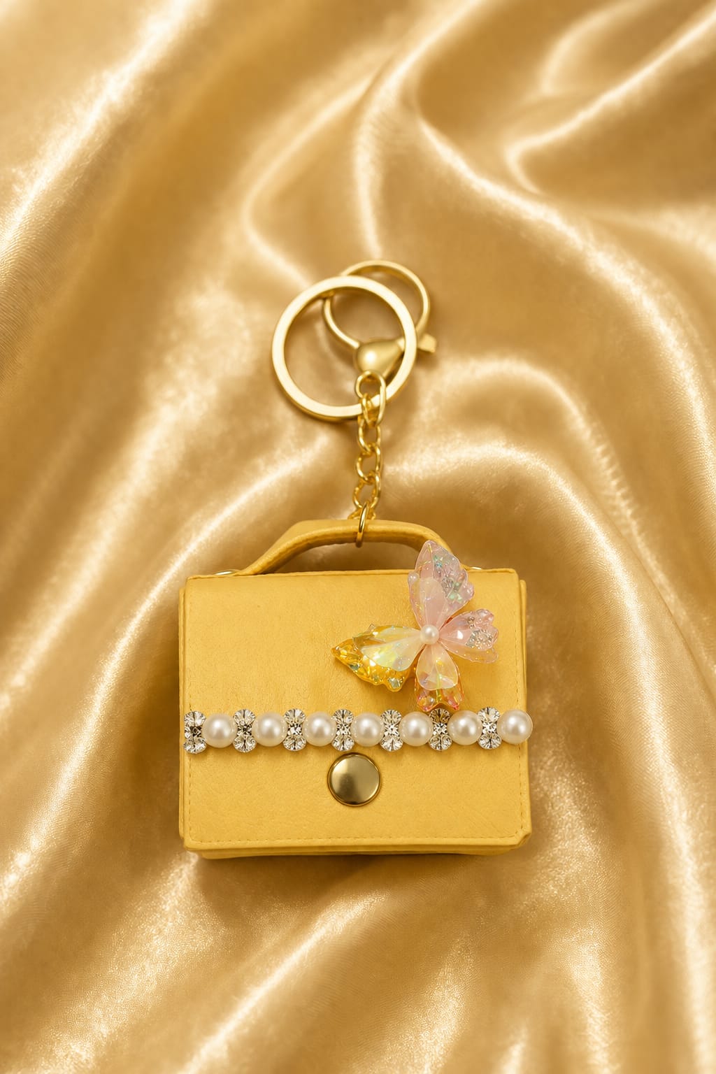 Luxury Yellow Mini Handbag Keychain for Women & Girls | Butterfly Bag Charm with Rhinestones | Cute Purse Key Ring | Handbag & Car Key Accessory