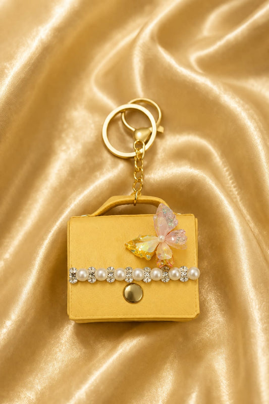 Luxury Yellow Mini Handbag Keychain for Women & Girls | Butterfly Bag Charm with Rhinestones | Cute Purse Key Ring | Handbag & Car Key Accessory