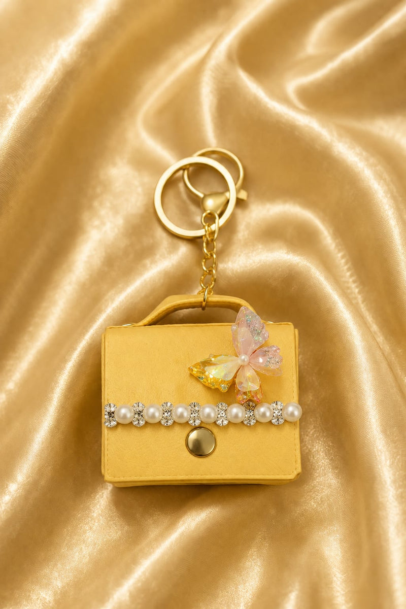 Luxury Yellow Mini Handbag Keychain for Women & Girls | Butterfly Bag Charm with Rhinestones | Cute Purse Key Ring | Handbag & Car Key Accessory