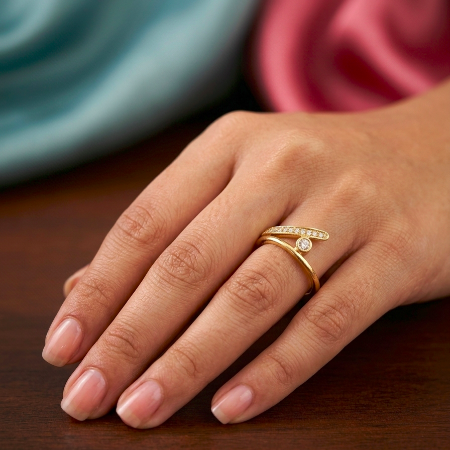 A close-up of a hand wearing a delicate gold ring with a curved row of small clear stones and a central round clear gemstone, resting on a dark wooden surface with soft blue and pink fabric in the background.