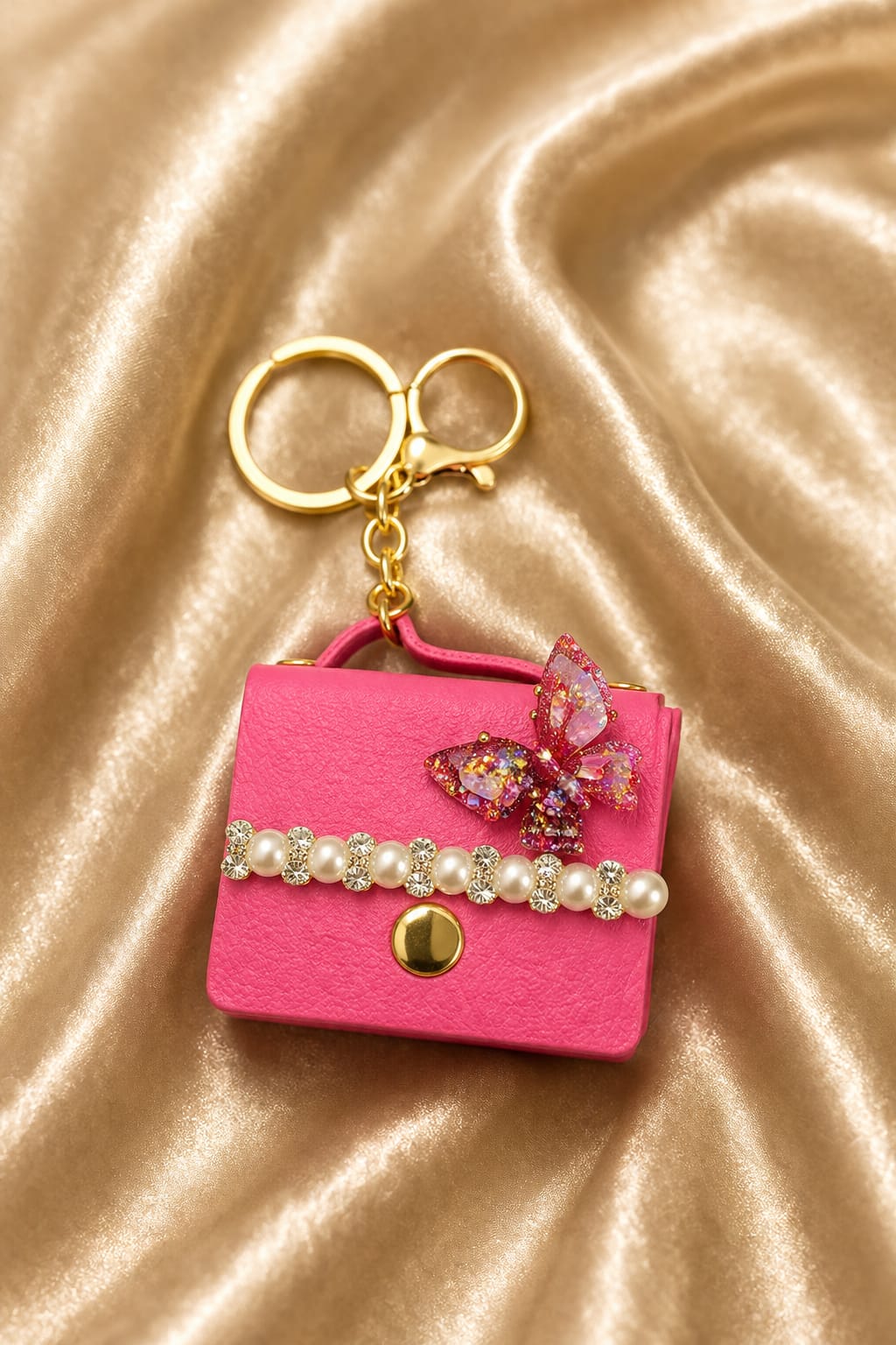Luxury Pink Mini Handbag Keychain for Women & Girls | Butterfly Pearl Bag Charm | Cute Purse Key Ring | Handbag & Car Key Accessory