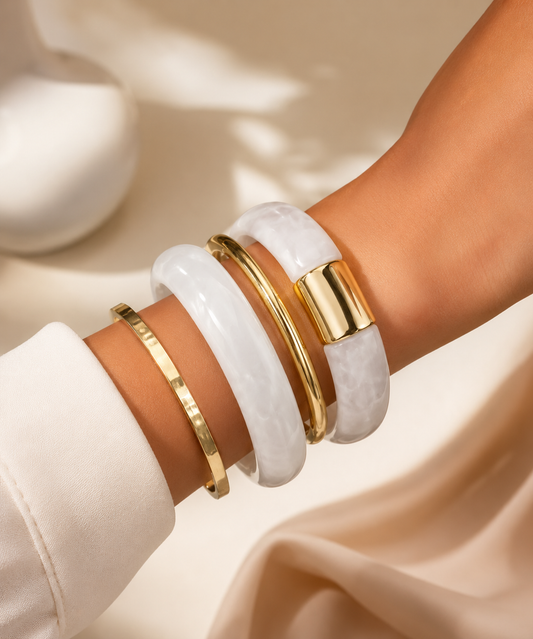 Luxury White Resin & Gold Cuff Bangle Set for Women | Minimalist Statement Bracelet | Premium Fashion Jewelry Astria Jewellery