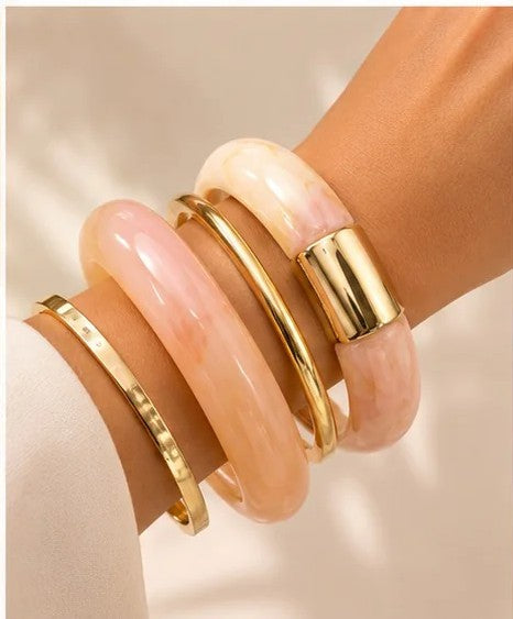 Luxury Pink Resin & Gold Cuff Bangle Set for Women | Minimalist Statement Bracelet Stack | Premium Fashion Jewelry Astria Jewellery