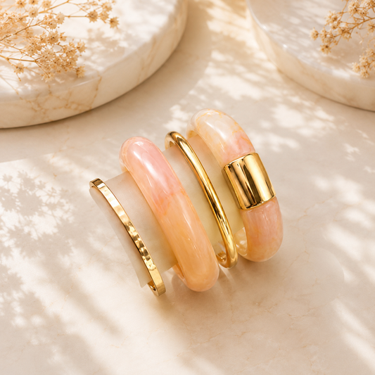 Luxury Pink Resin & Gold Cuff Bangle Set for Women | Minimalist Statement Bracelet Stack | Premium Fashion Jewelry Astria Jewellery