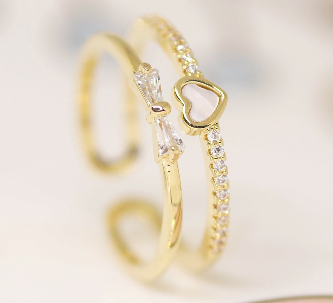 Astria Jewellery Gold-Plated Adjustable Double Band Heart Ring with CZ – Elegant Ring for Women