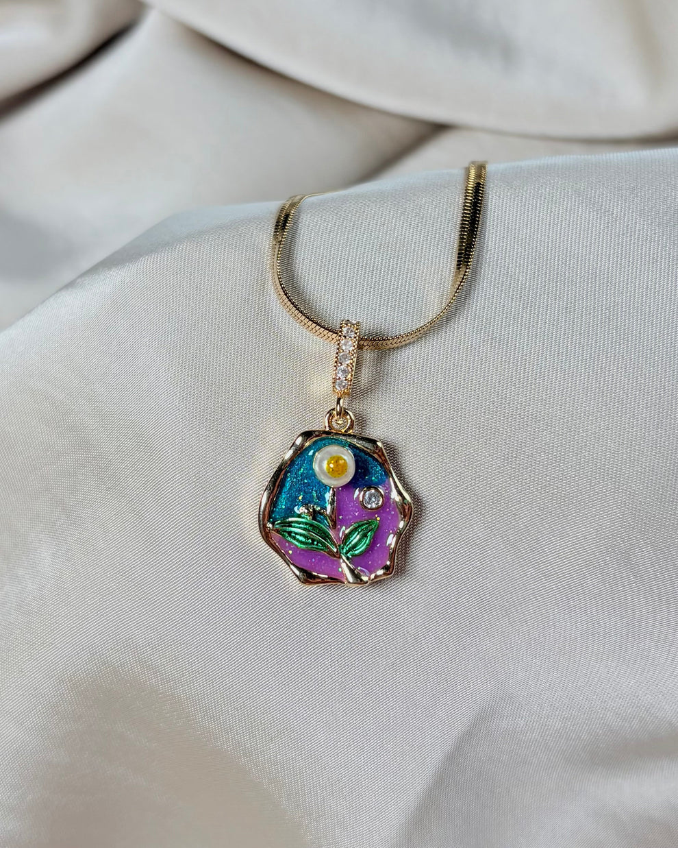 Astria Jewellery Gold-Plated Floral Enamel Pendant Necklace for Women | Artistic Flower Charm with CZ Accent