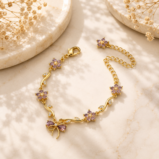 Luxury Purple Butterfly & Floral Charm Bracelet for Women | Gold Plated Adjustable Crystal Bracelet | Elegant Fashion Jewelry Astria Jewellery