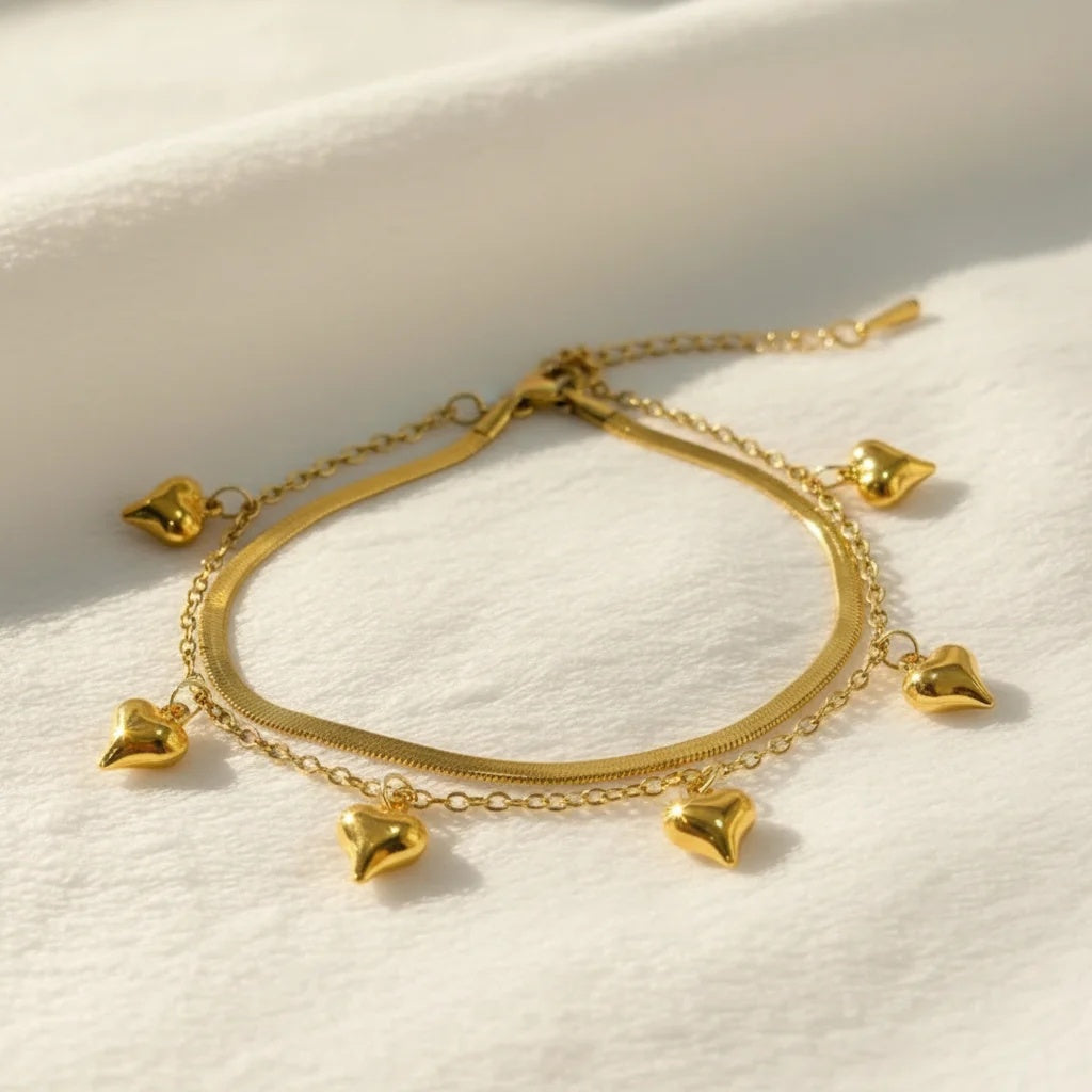 Gold Heart Charm Bracelet for Women | Anti-Tarnish Double Layer Stainless Steel Bracelet Astria Jewellery
