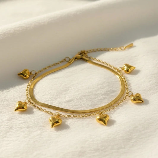 Gold Heart Charm Bracelet for Women | Anti-Tarnish Double Layer Stainless Steel Bracelet Astria Jewellery