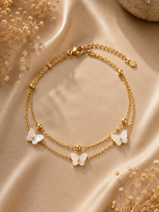 White Flower Anklet for Women | Gold Plated Double Layer Anti-Tarnish Beach Anklet Astria Jewellery