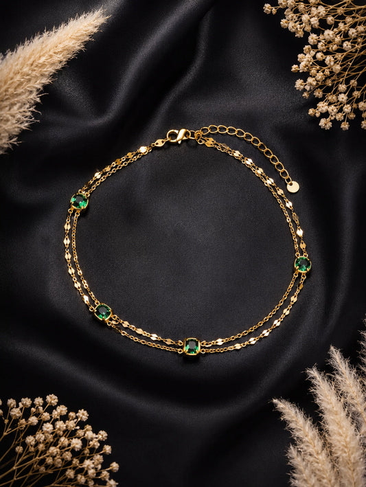 Emerald Green Crystal Anklet for Women | Gold Plated Double Layer Anti-Tarnish Anklet Astria Jewellery