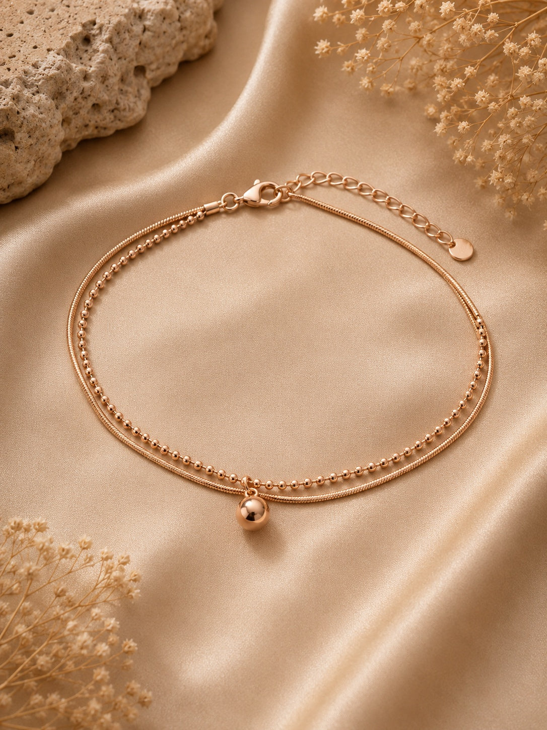 Rose Gold Double Layer Anklet for Women | Anti-Tarnish Stainless Steel Beaded Anklet Astria Jewellery