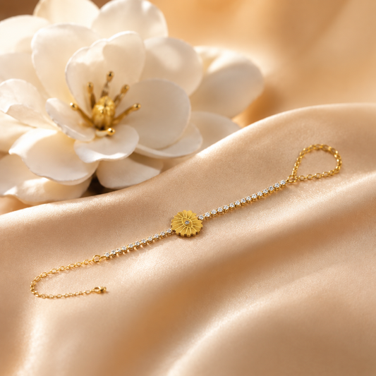 Gold Sunburst Hathphool Hand Chain with CZ Stones | Adjustable Finger Bracelet for Women Astria Jewellery