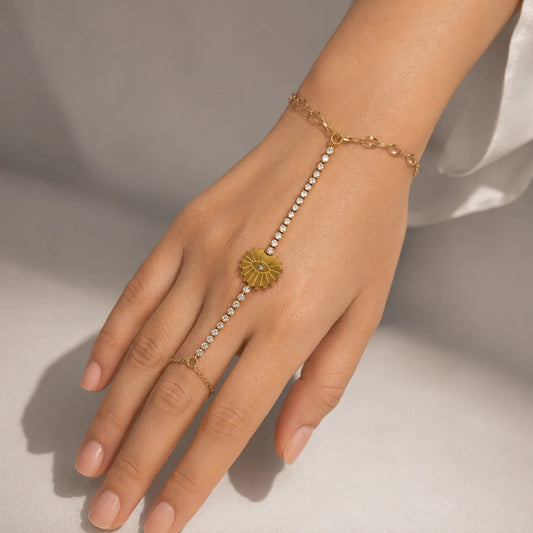 Gold Sunburst Hathphool Hand Chain with CZ Stones | Adjustable Finger Bracelet for Women Astria Jewellery