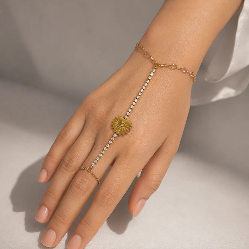 Gold Sunburst Hathphool Hand Chain with CZ Stones | Adjustable Finger Bracelet for Women Astria Jewellery