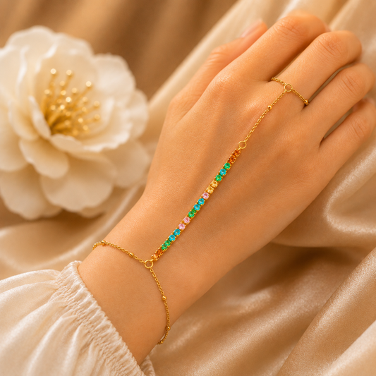 Rainbow CZ Stone Gold Hathphool Hand Chain Bracelet | Adjustable Finger Ring for Women Astria Jewellery