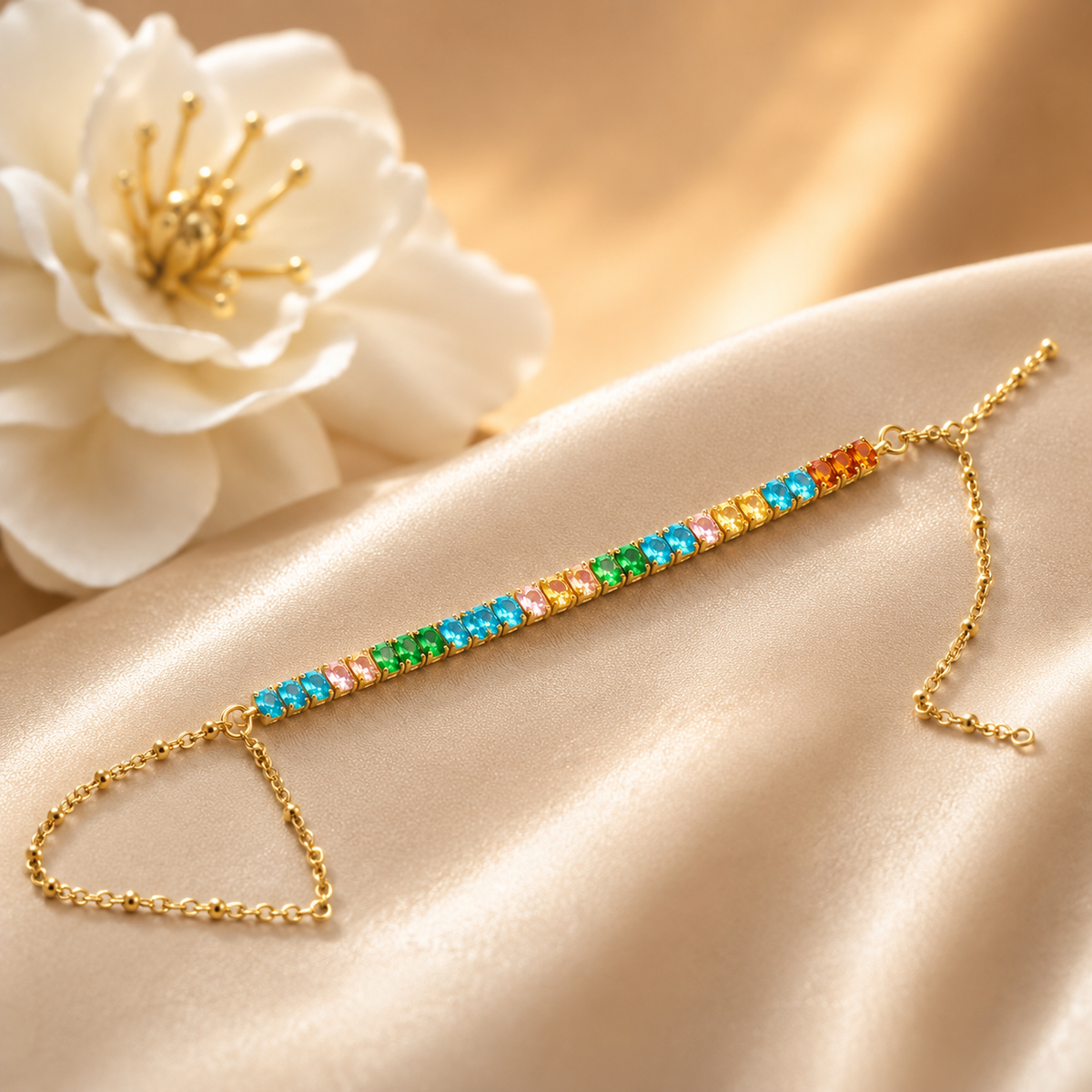 Rainbow CZ Stone Gold Hathphool Hand Chain Bracelet | Adjustable Finger Ring for Women Astria Jewellery