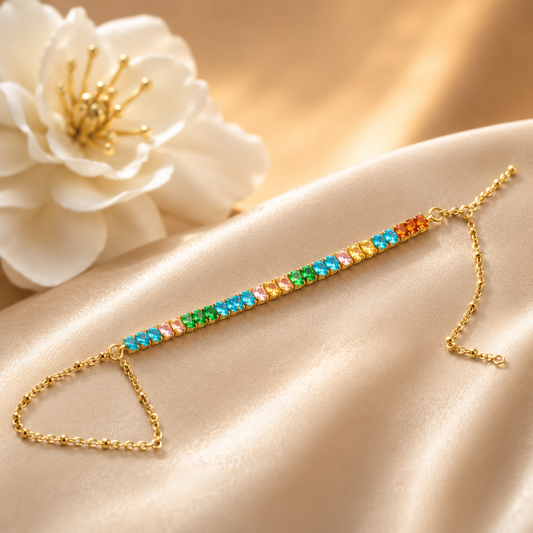 Rainbow CZ Stone Gold Hathphool Hand Chain Bracelet | Adjustable Finger Ring for Women Astria Jewellery