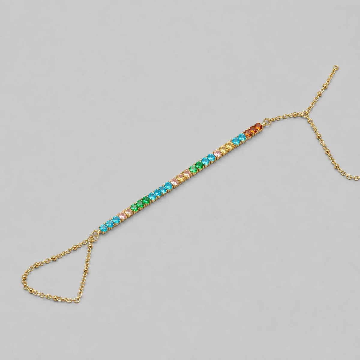 Rainbow CZ Stone Gold Hathphool Hand Chain Bracelet | Adjustable Finger Ring for Women Astria Jewellery