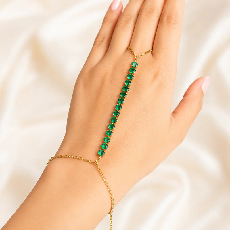 Emerald Green CZ Stone Gold Hathphool Hand Chain | Adjustable Finger Bracelet for Women Astria Jewellery