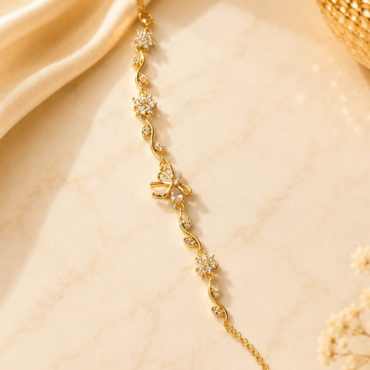 Gold CZ Floral BOW Bracelet for Women | Anti-Tarnish Adjustable Chain Bracelet Astria Jewellery
