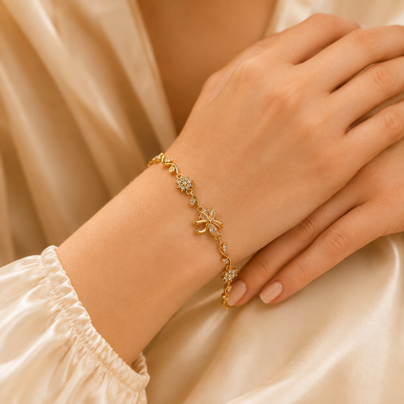 Gold CZ Floral BOW Bracelet for Women | Anti-Tarnish Adjustable Chain Bracelet Astria Jewellery