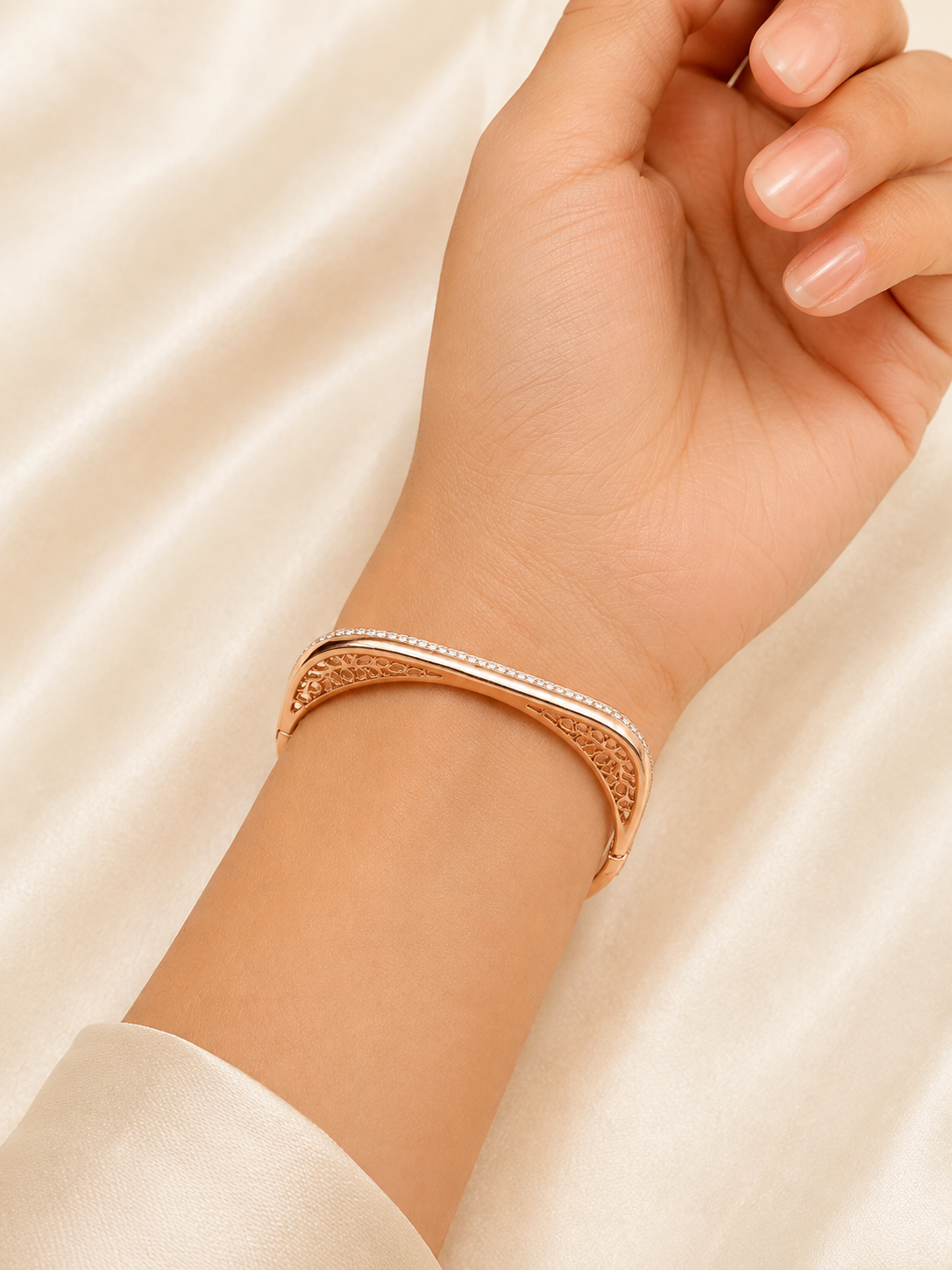 Elegant Rose Gold Crystal Studded Designer Bangle Bracelet for Women Astria Jewellery