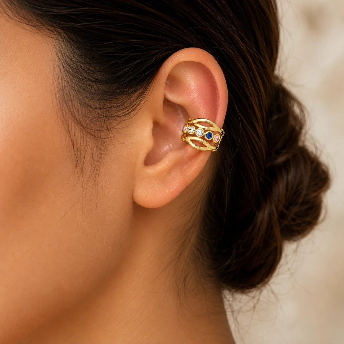 Gold Multicolor CZ Ear Cuff for Women | Anti-Tarnish Adjustable Ear Wrap Earring Astria Jewellery