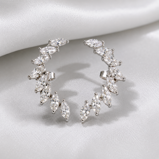 Silver CZ Leaf Ear Climber Earrings for Women | Anti-Tarnish Crystal Cuff Earrings Astria Jewellery