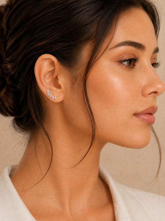 Silver CZ Leaf Ear Climber Earrings for Women | Anti-Tarnish Crystal Cuff Earrings Astria Jewellery