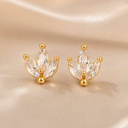 Gold CZ Leaf Stud Earrings for Women | Anti-Tarnish Crystal Floral Earrings Astria Jewellery