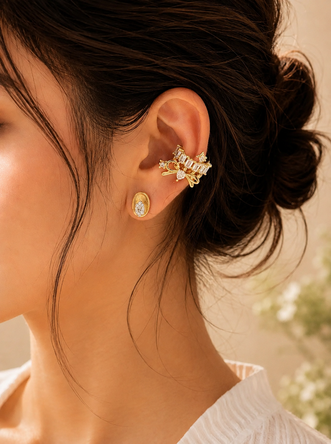 Gold Bow Ear Cuff with CZ Stones for Women | Anti-Tarnish Clip-On Ear Cuff Astria Jewellery