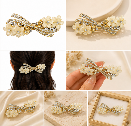 Luxury Gold-Tone Floral Bow Hair Clip with Crystal & Pearl Flowers Astria Jewellery