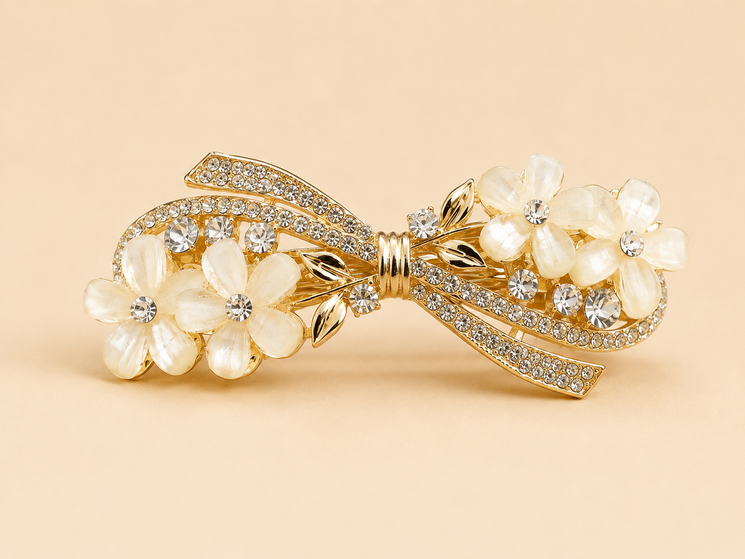 Luxury Gold-Tone Floral Bow Hair Clip with Crystal & Pearl Flowers Astria Jewellery