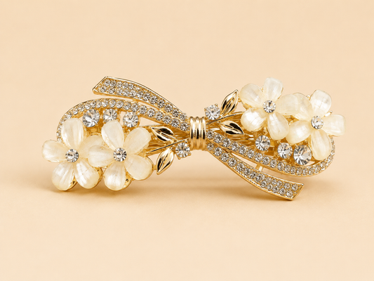 Luxury Gold-Tone Floral Bow Hair Clip with Crystal & Pearl Flowers Astria Jewellery