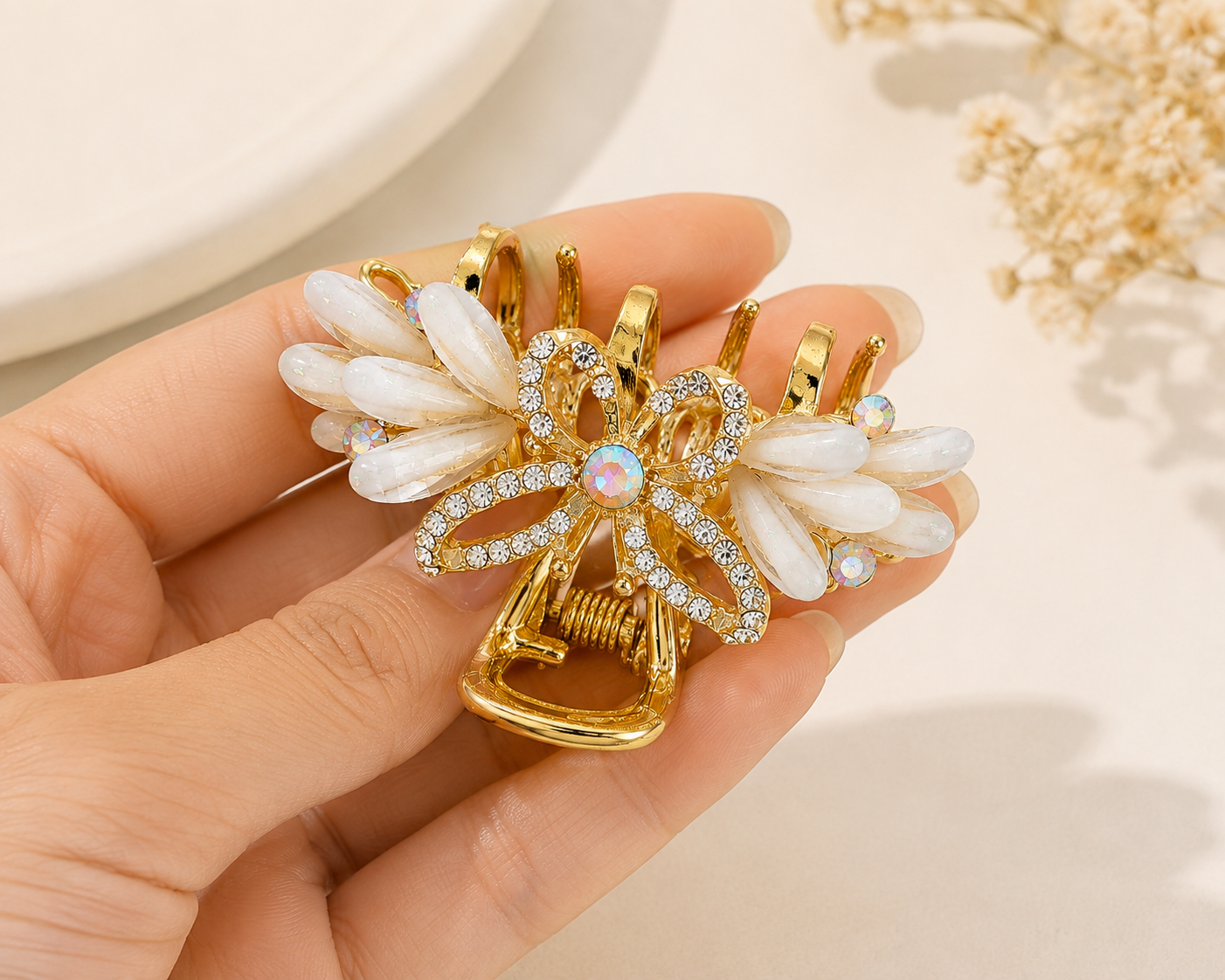 Luxury Gold-Tone Green Heart & Blue Crystal Floral Hair Claw Clip Astria Jewellery