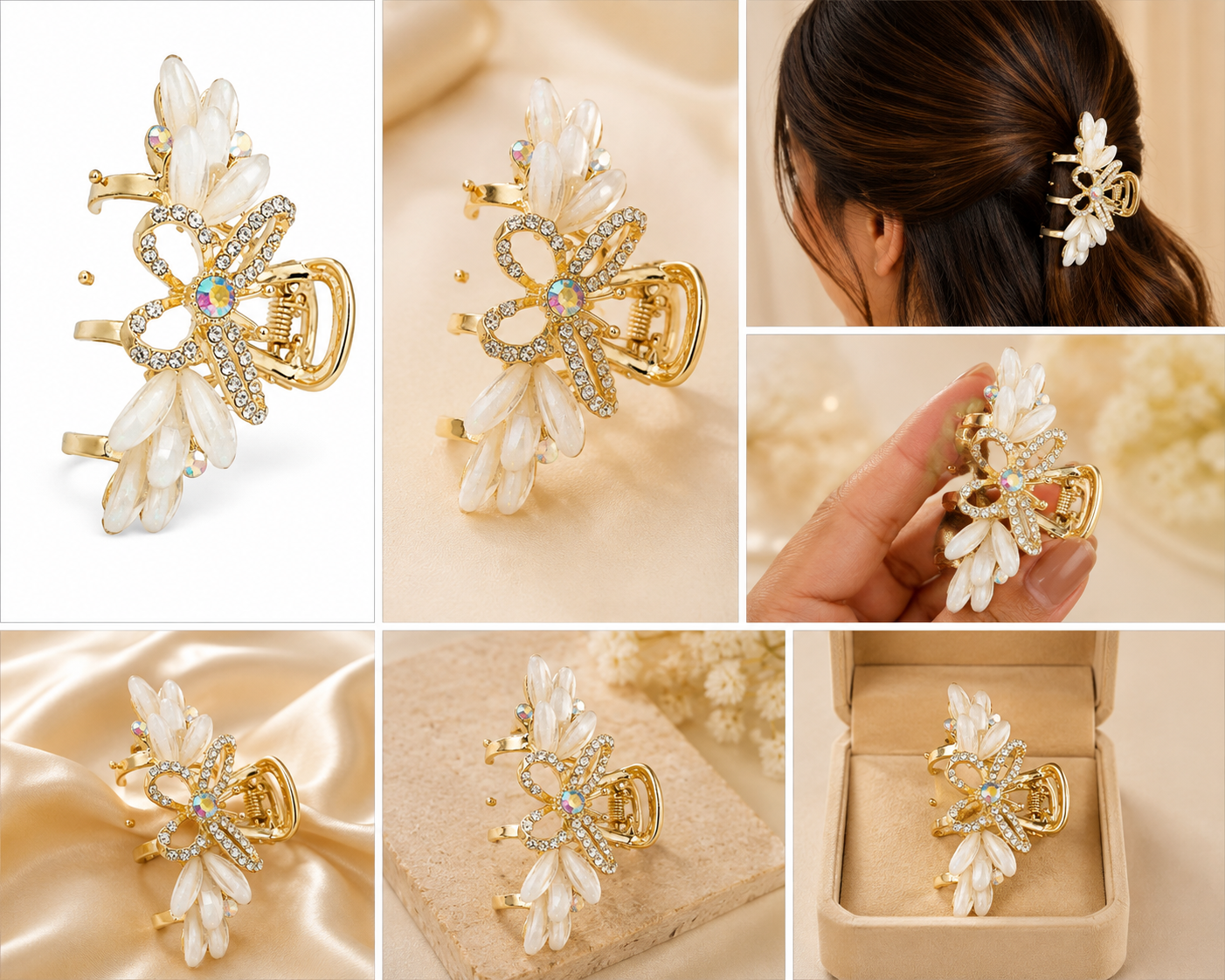 Luxury Gold-Tone Green Heart & Blue Crystal Floral Hair Claw Clip Astria Jewellery