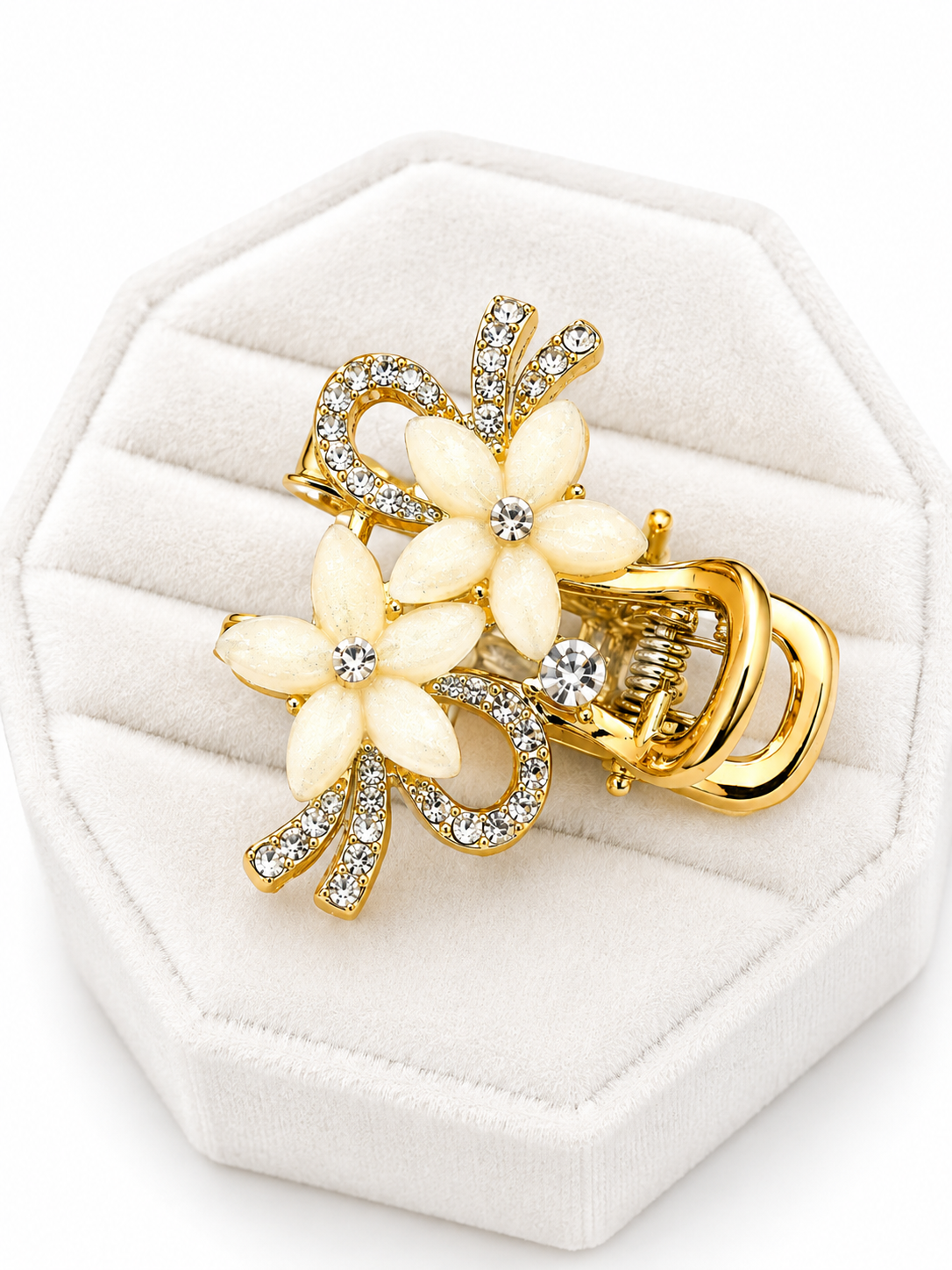 Luxury Gold-Tone White Floral Crystal Hair Claw Clip for Women Astria Jewellery