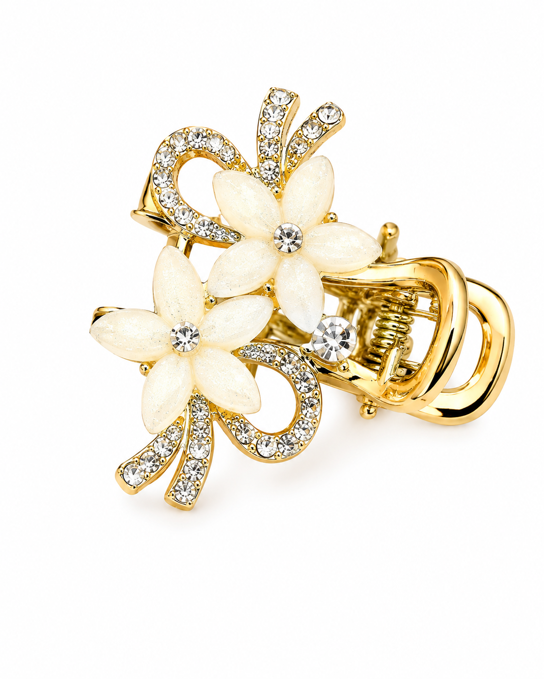 Luxury Gold-Tone White Floral Crystal Hair Claw Clip for Women Astria Jewellery